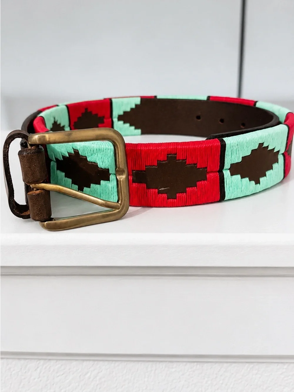 Argentina Polo Club Handwoven Leather Belt Pink & Turquoise Geometric Pattern